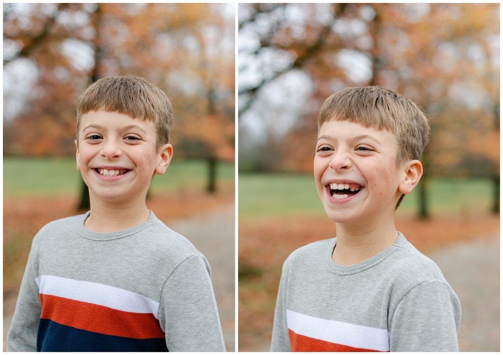 Boy laughing and smiling at Hartville Ohio fall family session